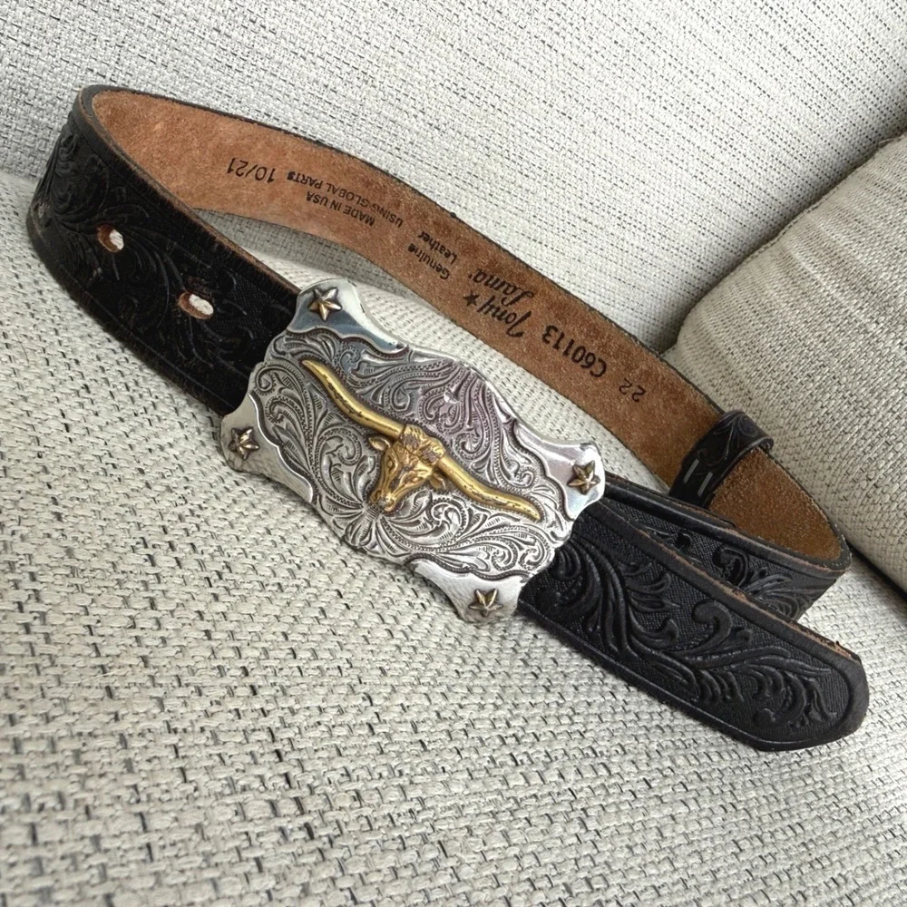 Tony Lama Kids Black Tooled Leather Belt Silver Gold Longhorn Buckle 22